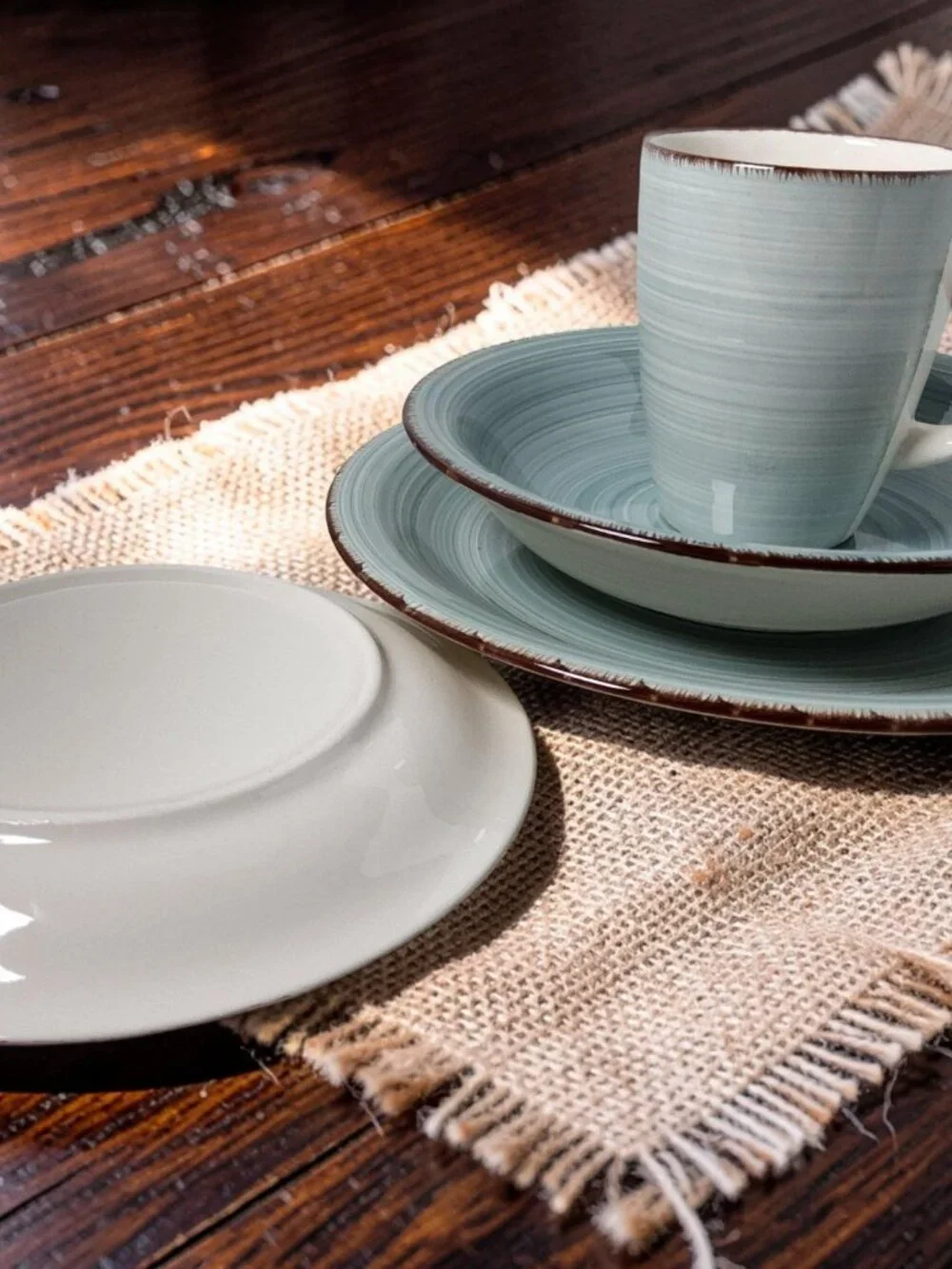 Vintage Royal Norfolk 1980s aqua swirl pattern Brown Edges 4pc. setting ceramic